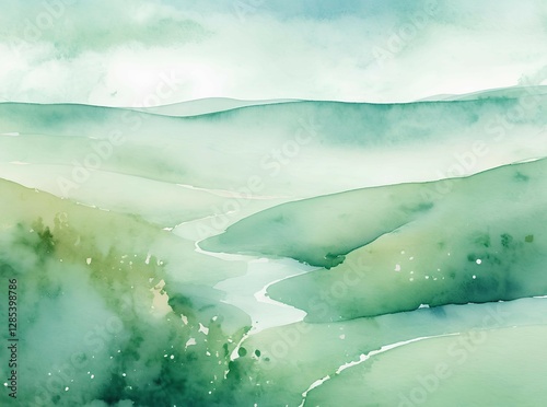 Serene Watercolor Landscape Painting of Rolling Hills and Green Fields