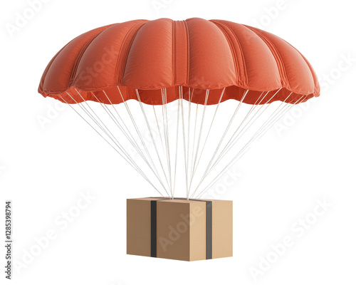 Isolated Orange Parachute with White Straps Delivering Brown Cardboard Box