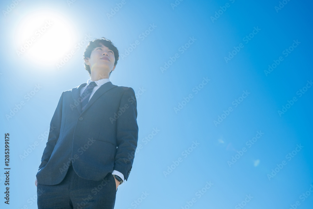 空に向かって立つスーツを着た男性 空に向かって立つスーツを着た男性