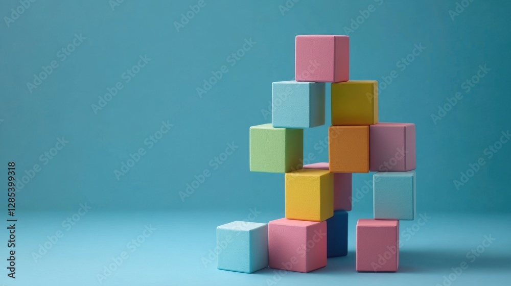 Abstract Colorful Blocks Composition: A Playful Arrangement of Pastel Cubes Against a Soft Blue Background Abstract Colorful Blocks Composition: A Playful Arrangement of Pastel Cubes Against a Soft Blue Background