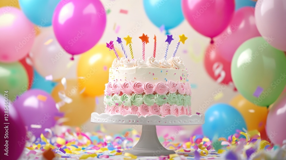 Colorful Birthday Cake Surrounded by Balloons and Confetti in Celebration Scene Colorful Birthday Cake Surrounded by Balloons and Confetti in Celebration Scene