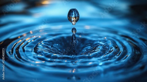 A stunning drop of water creates mesmerizing ripples on a serene blue background, showcasing the beauty of nature in a captivating 3D render