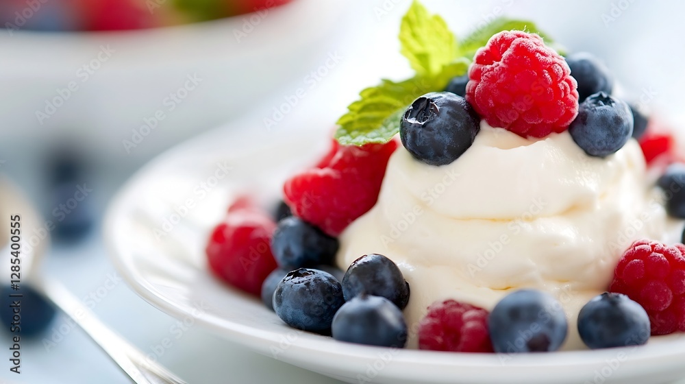Delicious mixed berry parfait with whipped cream and mint leaves on a plate : Generative AI