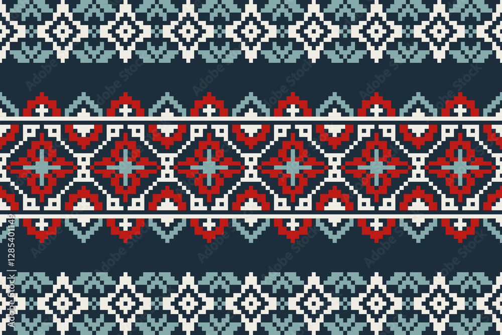 Pattern minimalistic pixel art and ethnic design for background.Embroidery Cross Stitch.carpet,wallpaper,clothing,wrapping,Batik,fabric,Vector illustration.Floral seamless pattern