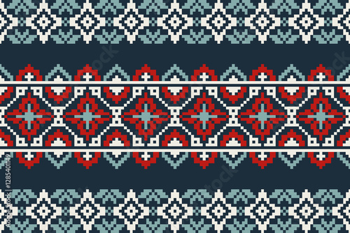 Obraz na płótnie Pattern minimalistic pixel art and ethnic design for background.Embroidery Cross Stitch.carpet,wallpaper,clothing,wrapping,Batik,fabric,Vector illustration.Floral seamless pattern w salonie