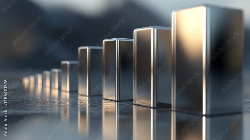 Obraz premium A D stacked bar chart with metallic bars in ascending order, placed on a reflective surface, highlighting financial progress in a clean, minimalist design