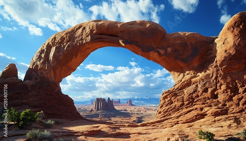 A Beautiful Desert Scene With A Huge Stone Archway photo