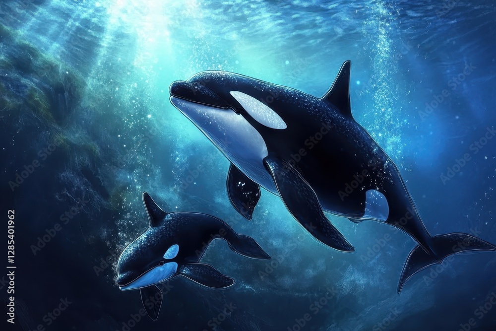 Obraz premium Wild orcas swim gracefully underwater, showcasing mother and baby bonding in the ocean's depths, Wild Orcas Killerwhales mother and baby underwater, aquatic life media