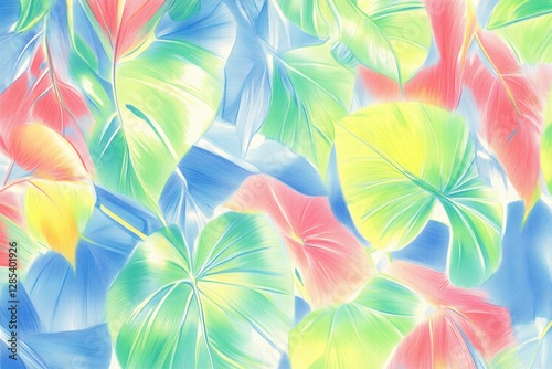A vibrant tropical leaf pattern featuring large, colorful leaves in shades of green, yellow, and red against a soft blue background.