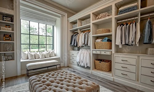 Stylish modern walk-in closet featuring organized clothing, elegant decor, and natural light streaming in