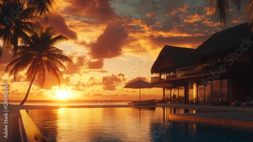 A high-end tropical beach villa with a large open-air living space, a thatched roof with modern finishes