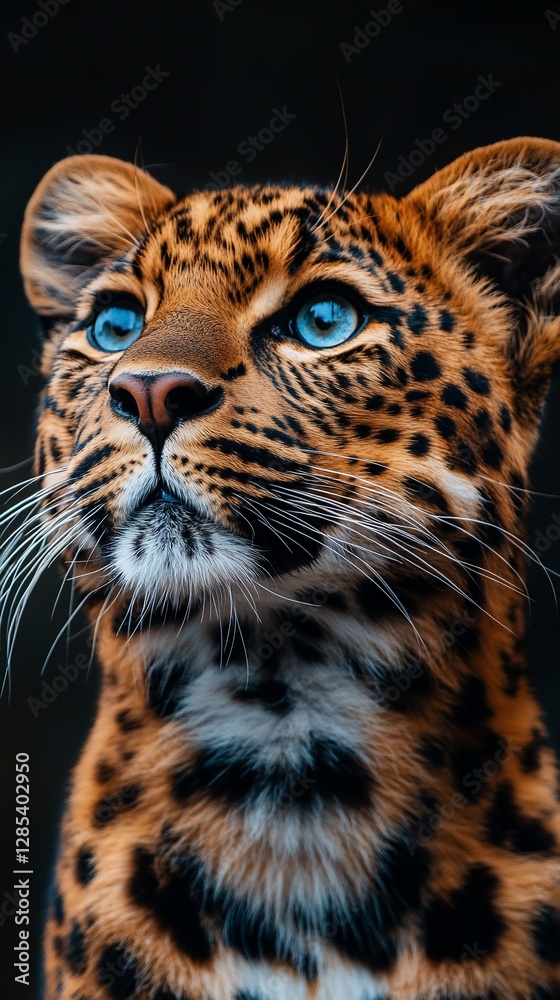 Obraz premium Majestic leopard gazing upward, dark background, wildlife portrait, nature photography