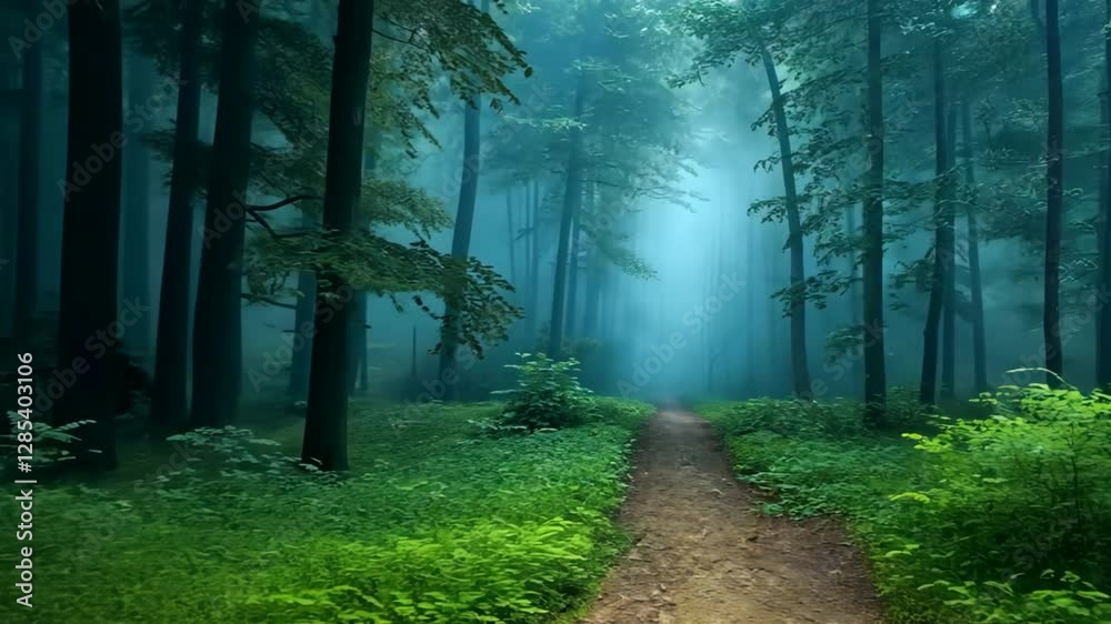 nature trail camera moving into deep forest trail with fog and mist 