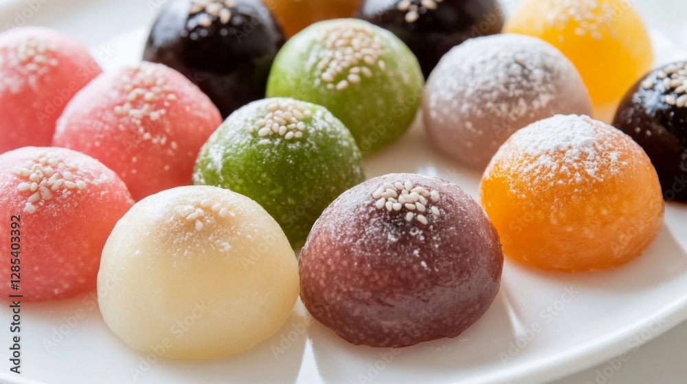 A close-up of freshly made daifuku, showcasing a variety of colorful rice cakes filled with sweet red bean paste, arranged artfully on a white plate A close-up of freshly made daifuku, showcasing a variety of colorful rice cakes filled with sweet red bean paste, arranged artfully on a white plate