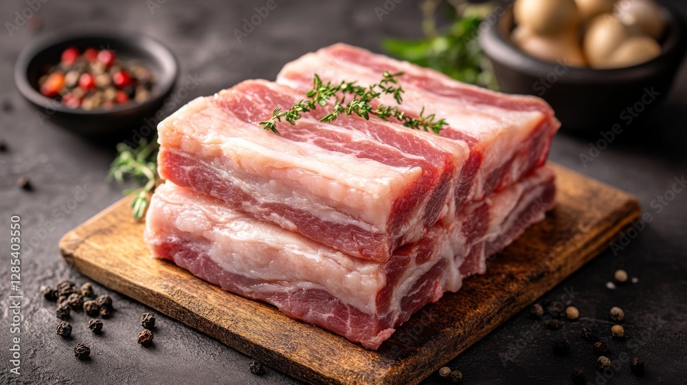 A close-up of raw pork belly with distinct layers of fat and meat, placed on a clean cutting board, ready for preparation, with a minimalist background A close-up of raw pork belly with distinct layers of fat and meat, placed on a clean cutting board, ready for preparation, with a minimalist background