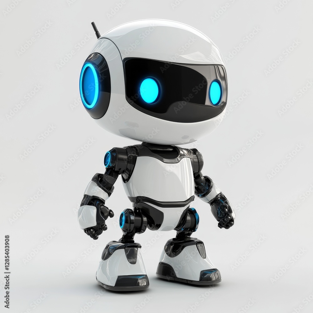 Cute White and Black Robot Character with Blue Glowing Eyes, Standing Upright on White Background, Adorable Illustration Cute White and Black Robot Character with Blue Glowing Eyes, Standing Upright on White Background, Adorable Illustration