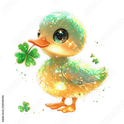 A cute fluffy duckling with sparkling green and golden feathers, holding a lucky shamrock.