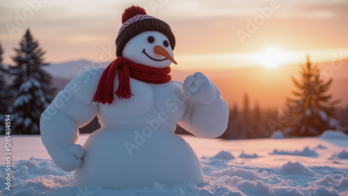 Playful Snowman with Strong Muscles Poses Against Stunning Winter Sunset in Snowy Landscape with Evergreen Trees in Background