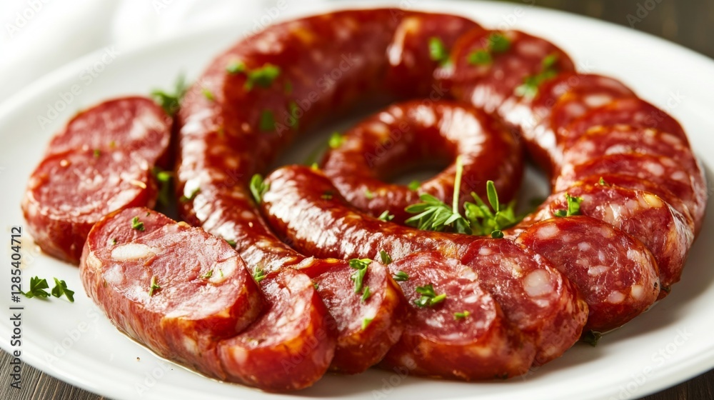 A creative composition of sliced sausages arranged in a spiral on a white plate, garnished with herbs, showcasing the delicious textures and colors of the dish A creative composition of sliced sausages arranged in a spiral on a white plate, garnished with herbs, showcasing the delicious textures and colors of the dish