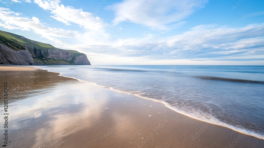 Tranquil Beach Shoreline with Gentle Waves and Dramatic Sky Reflection : Generative AI