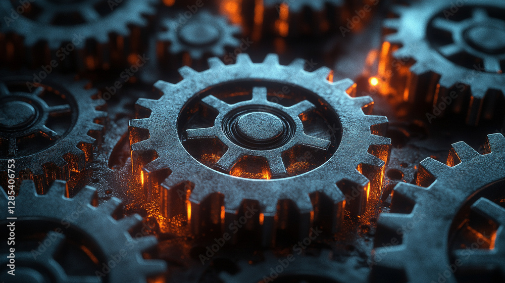 Close-up of interconnected metal gears symbolizing teamwork efficiency and precision Dark gray metallic gears interlock in a complex system representing industry mechanics synergy and collaboration
Close-up of interconnected metal gears symbolizing teamwork efficiency and precision Dark gray metallic gears interlock in a complex system representing industry mechanics synergy and collaboration