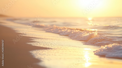 Seashore Serenity: A tranquil beach scene is captured at the golden hour, the sunlight reflecting on the gently lapping waves as they kiss the soft, sandy shore.