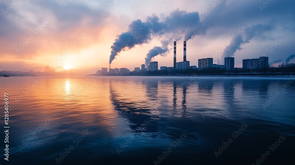 Industrial Skyline at Sunset with Smokestacks Creating Pollution Reflection : Generative AI Industrial Skyline at Sunset with Smokestacks Creating Pollution Reflection : Generative AI
