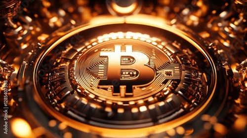 Golden cryptocurrency symbol within intricate metallic mechanism. Futuristic digital currency concept.