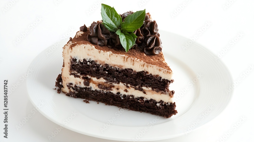 Delicious Chocolate Cake Slice with Mint Garnish on a White Plate : Generative AI Delicious Chocolate Cake Slice with Mint Garnish on a White Plate : Generative AI