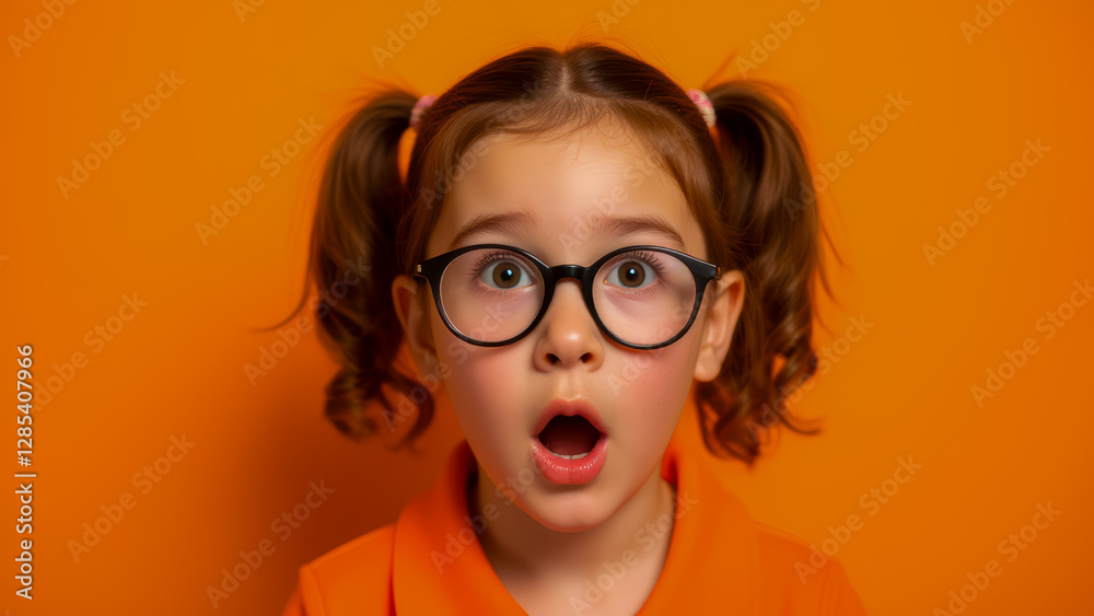 Surprised young girl with pigtails and glasses showing excitement against a vibrant orange background in a playful and expressive portrait Surprised young girl with pigtails and glasses showing excitement against a vibrant orange background in a playful and expressive portrait