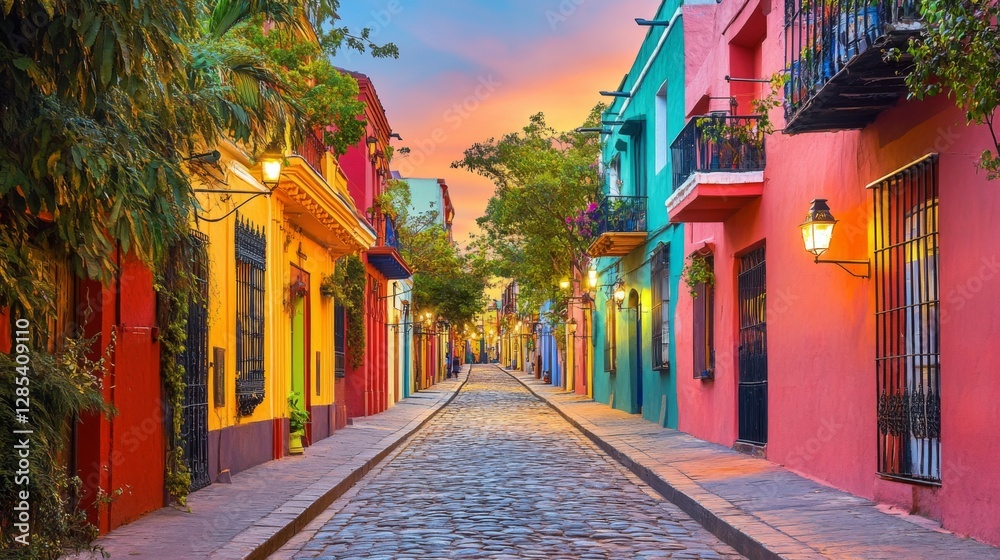 Fototapeta premium A picturesque view of a cobblestone street illuminated by vintage street lamps, with colorful buildings lining the sides, creating a warm and inviting nighttime atmosphere