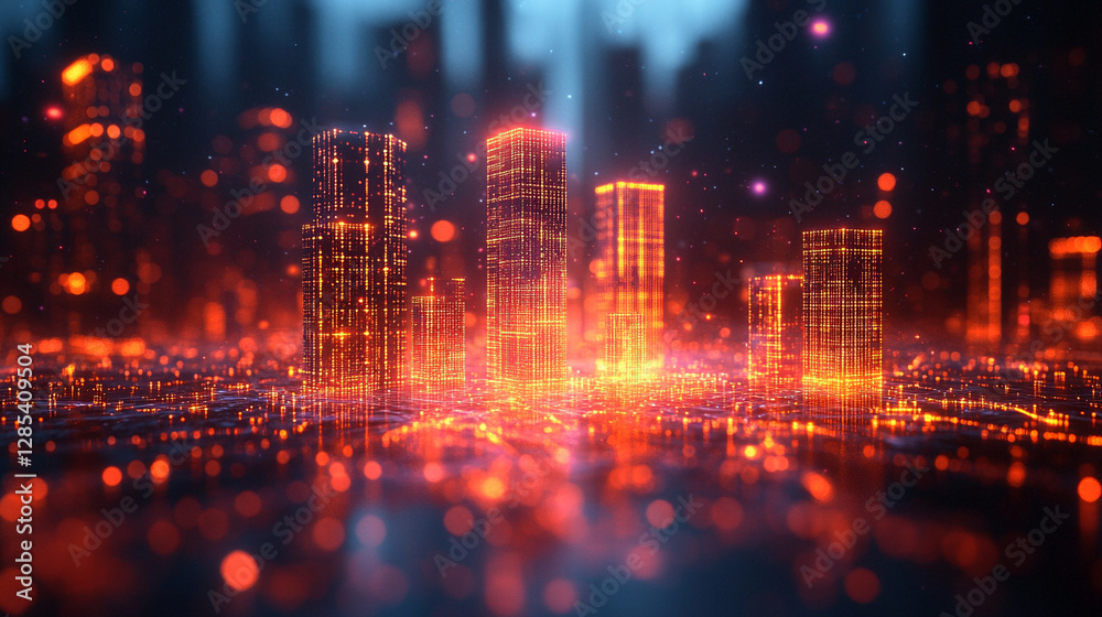 Naklejka premium A futuristic neon hologram interface displays a conceptual blueprint for modern residential construction, symbolizing innovation, smart technology, and the future of urban architecture