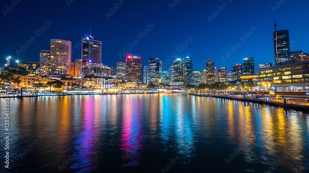 Vibrant Sydney City Skyline at Night with Colorful Reflections on Water : Generative AI Vibrant Sydney City Skyline at Night with Colorful Reflections on Water : Generative AI