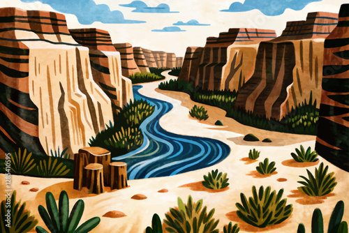 hot canyon desert with river landscape abstract cartoon illustration