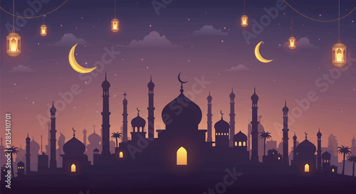 Stunning Silhouette of an Islamic City at Dusk with Festive Lanterns