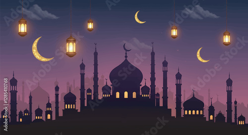 Stunning Silhouette of an Islamic City at Dusk with Festive Lanterns