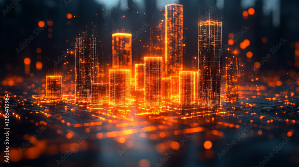 Naklejka premium A futuristic neon hologram interface displays a conceptual blueprint for modern residential construction, symbolizing innovation, smart technology, and the future of urban architecture