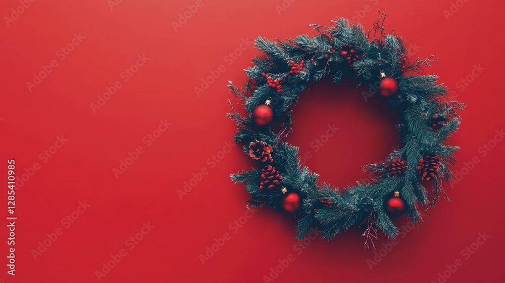 A holiday-themed round frame of fir branches and Christmas ornaments on a red background, ideal for creating personalized seasonal greetings with space for text. A holiday-themed round frame of fir branches and Christmas ornaments on a red background, ideal for creating personalized seasonal greetings with space for text.