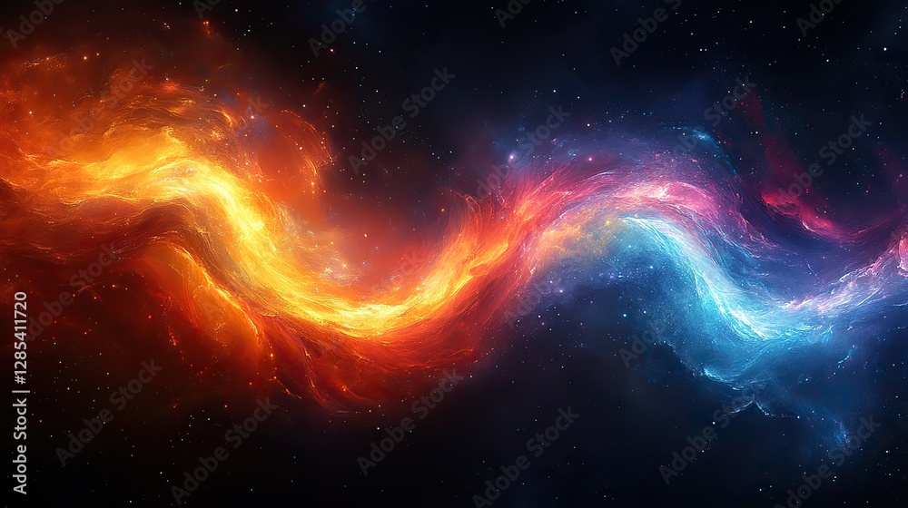 A swirling, abstract, iridescent form glows against a dark background, showcasing vibrant colors like red, orange, and turquoise, creating a mesmerizing visual experience