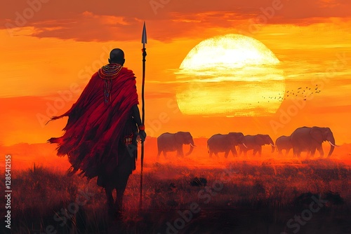 The savanna comes alive at sunset, with Maasai warriors blending seamlessly into the landscape, one with the land they cherish.