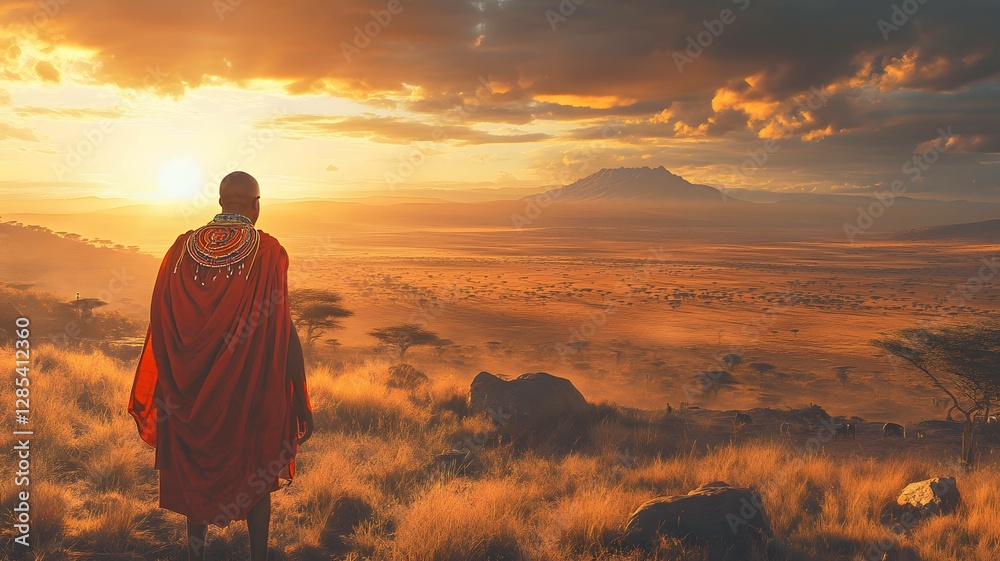 Obraz premium As the sun sets over the African savanna, Maasai warriors stand proudly, honoring their culture and connection to the land.