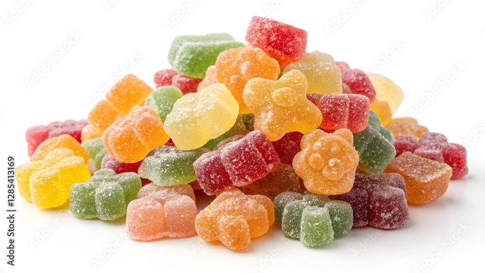 A delicious pile of multicolored jelly bear candies with a soft chewy texture, isolated on a crisp white background. A delicious pile of multicolored jelly bear candies with a soft chewy texture, isolated on a crisp white background.