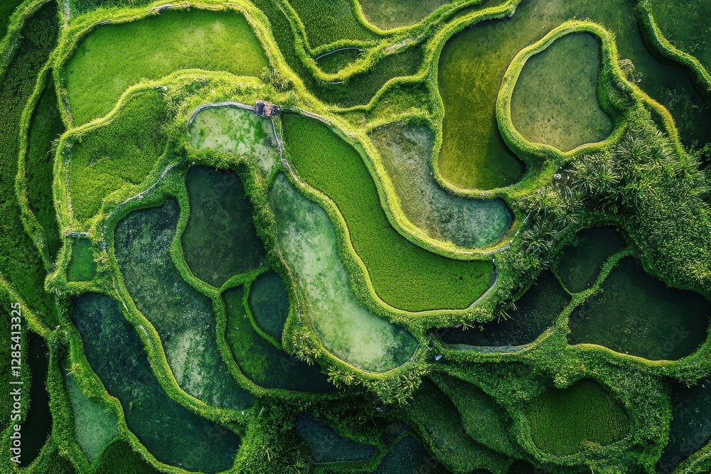 Fototapeta premium Exploring the intricate rice terraces and village of the Philippines from above, rice terrace with village in aerial view, Philippines