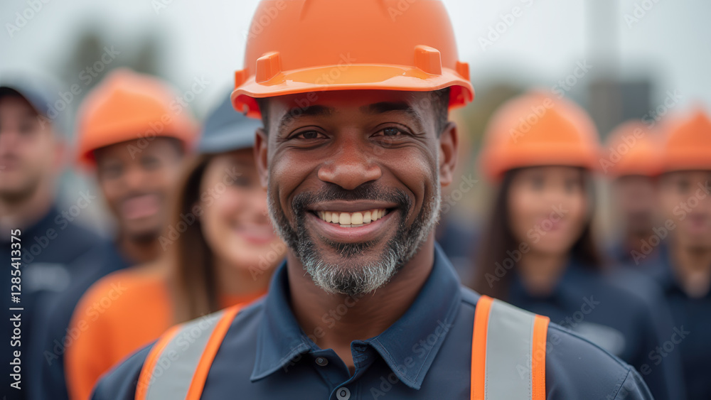Smiling Construction Worker Wearing Orange Hard Hat with Team Members in Background at Job Site Reflecting Construction Industry Spirit and Unity Smiling Construction Worker Wearing Orange Hard Hat with Team Members in Background at Job Site Reflecting Construction Industry Spirit and Unity