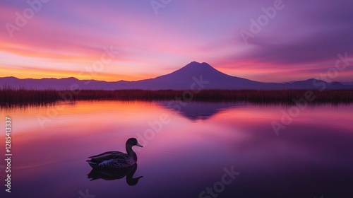 A marbled duck blending with its serene surroundings at Fuente de Piedra lagoon, with the sunset's colors painting the water.