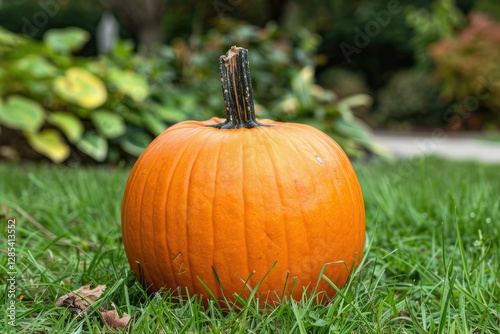 High Quality Visual of Vertical Shot of a Pumpkin in a Garden photo