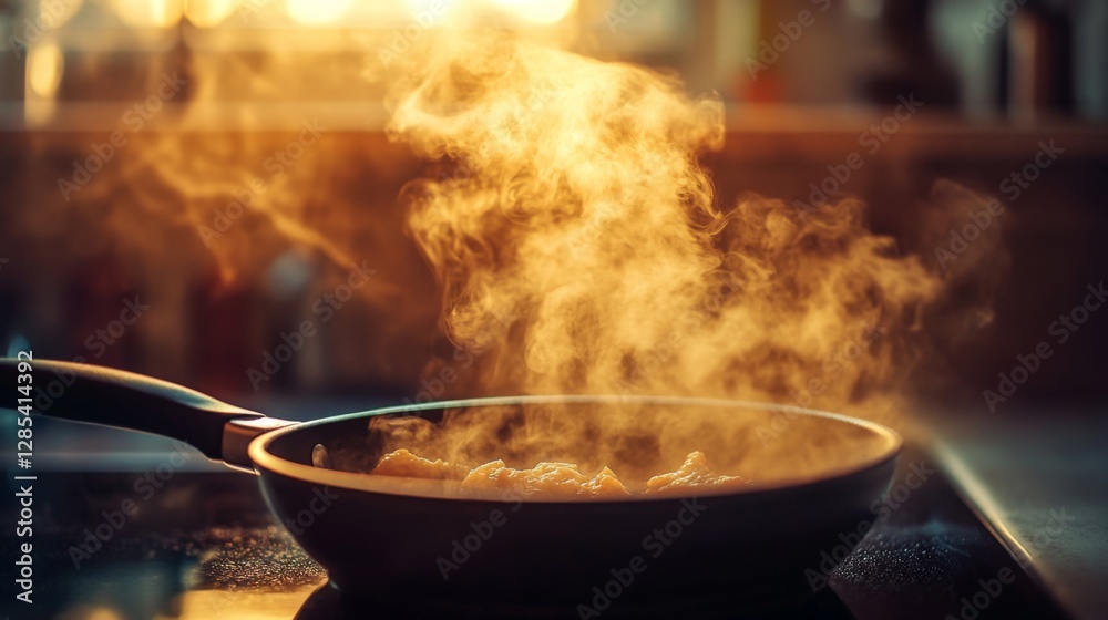 Gentle smoke drifting across a kitchen counter from a sizzling pan, with warm lighting creating an inviting yet mysterious atmosphere Gentle smoke drifting across a kitchen counter from a sizzling pan, with warm lighting creating an inviting yet mysterious atmosphere