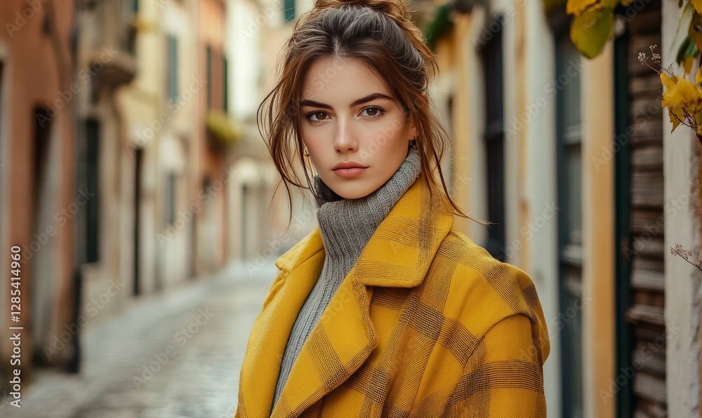 Fototapeta premium Woman in Stylish Outfit Explores Narrow Street in Historic European City During Bright Sunlight