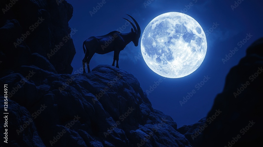 custom made wallpaper toronto digitalA Nubian ibex silhouetted against a full moon, perched on a rocky ledge in the mountainous regions of Saudi Arabia.