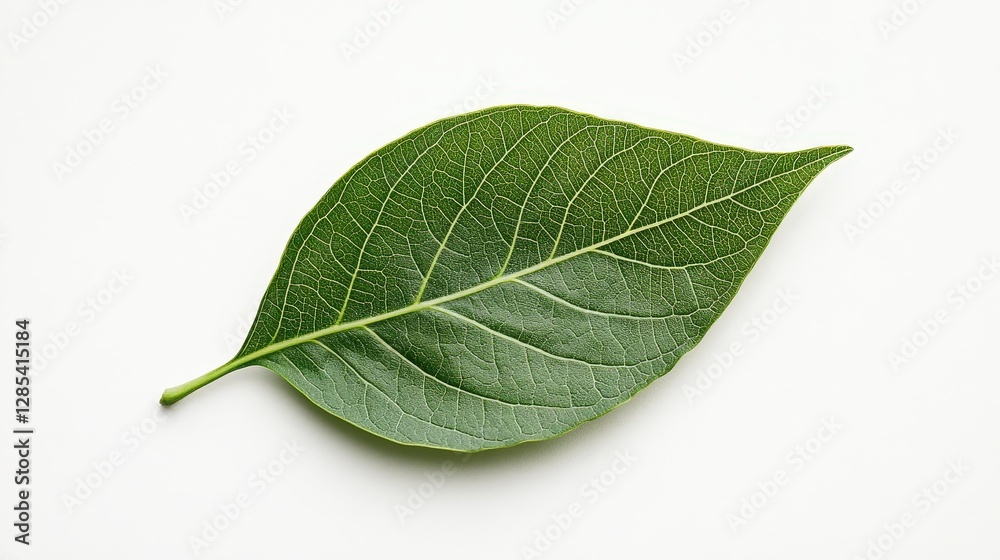 Obraz premium Single Green Leaf: A close-up shot of a vibrant green leaf, showcasing its intricate veins and textures. The image emphasizes the natural beauty and detail of the leaf.